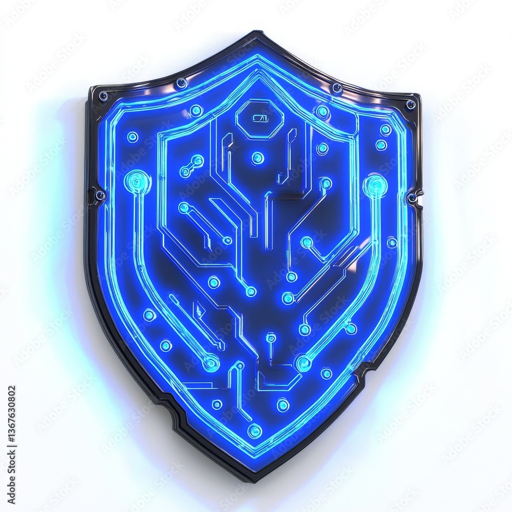 Poster a transparent background features a futuristic blue digital shield with circuitry, embodying the inn