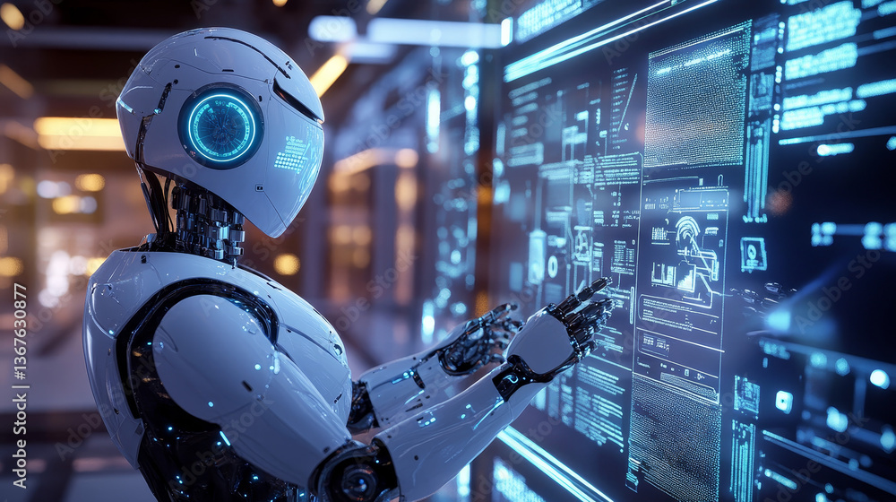 Poster isometric robots man with artificial intelligence working with a virtual interface in chatbot emails