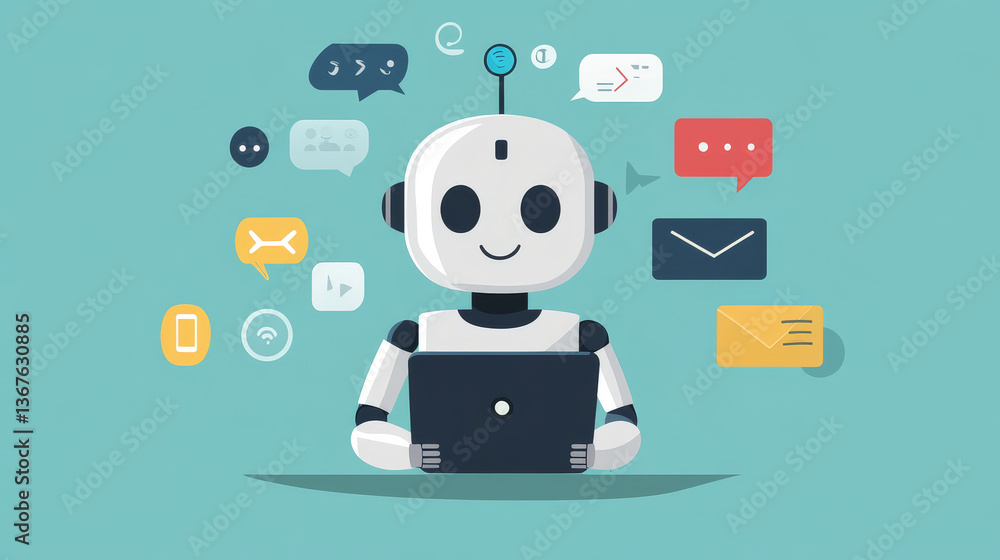 Poster isometric robots man with artificial intelligence working with a virtual interface in chatbot emails