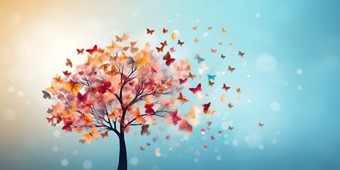 Fototapeta premium A tree with colorful leaves made of butterflies, against a light blue background. The concept symbolizes growth and development in life or business, isolated on a pastel background. bokeh background