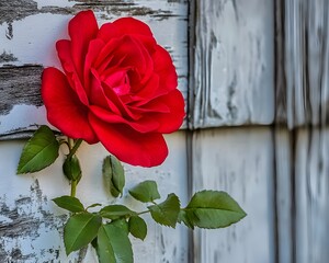 Stunning Red Rose Against Weathered White Wood
