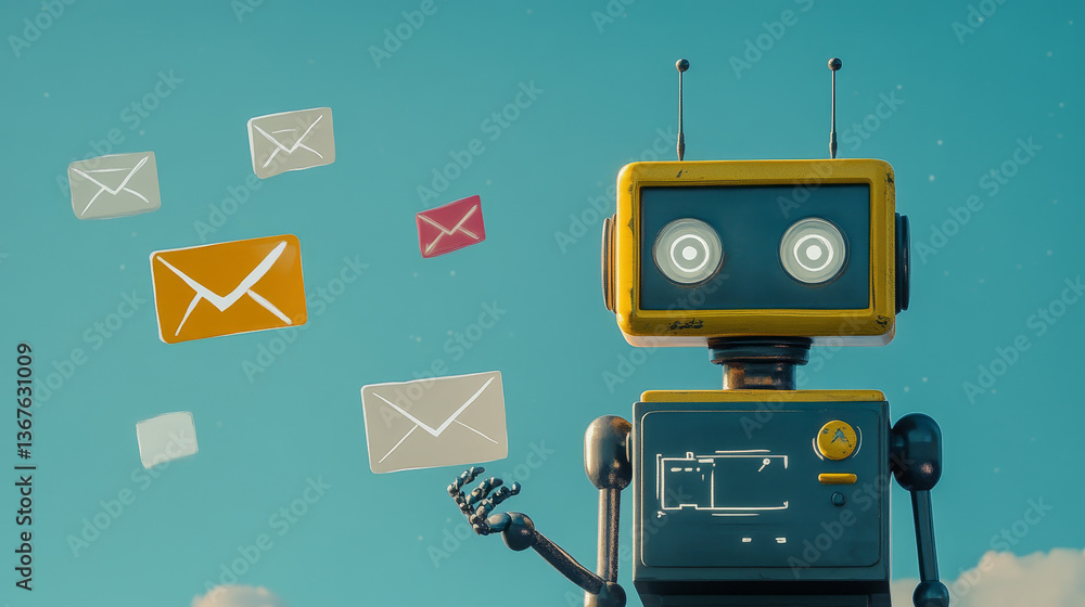 Poster isometric robots man with artificial intelligence working with a virtual interface in chatbot emails