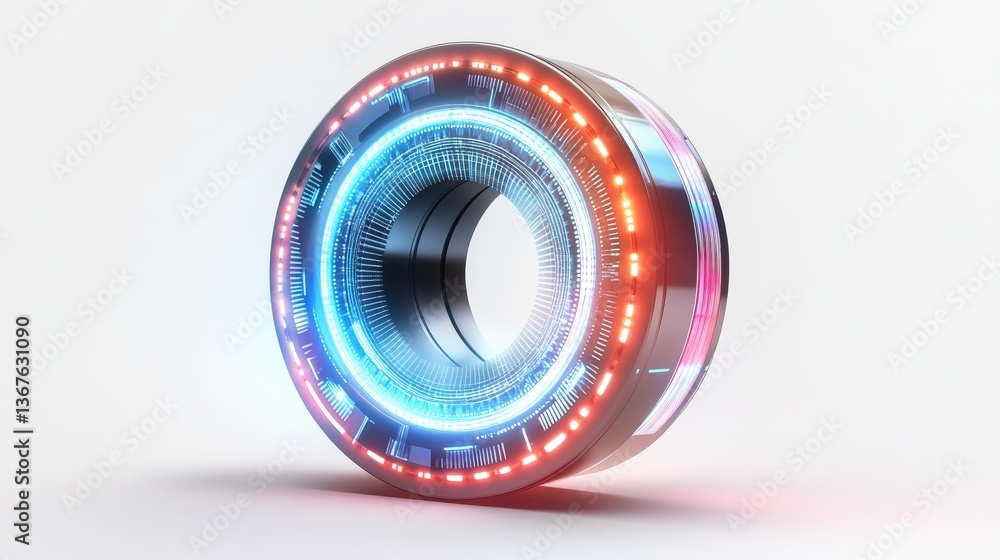 Poster a futuristic looking circular technological object with glowing lights