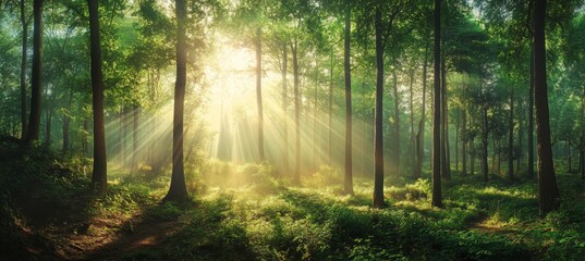 Sunlight streams through a lush forest