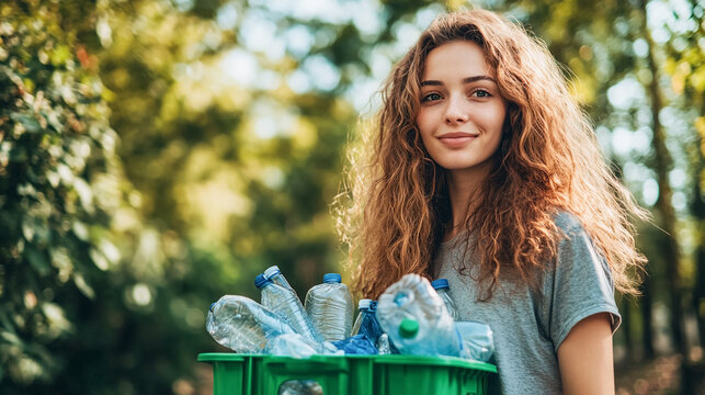 Woman collecting garbage and holding a recycle bin with plastic bottles. Earth day, save our planet. 