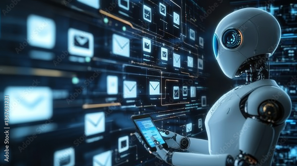 Poster isometric robots man with artificial intelligence working with a virtual interface in chatbot emails