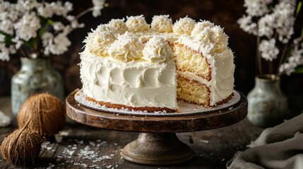 A coconut cream cake with fluffy white frosting and shredded coconut 