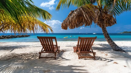 Tropical Beach Paradise: Two Wooden Lounge Chairs Under Palm Trees Facing Turquoise Ocean