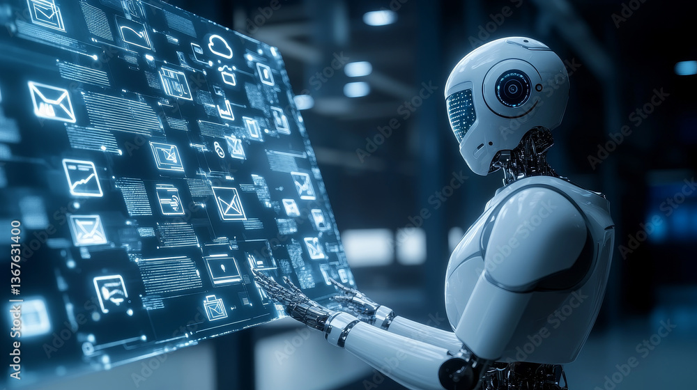 Poster isometric robots man with artificial intelligence working with a virtual interface in chatbot emails