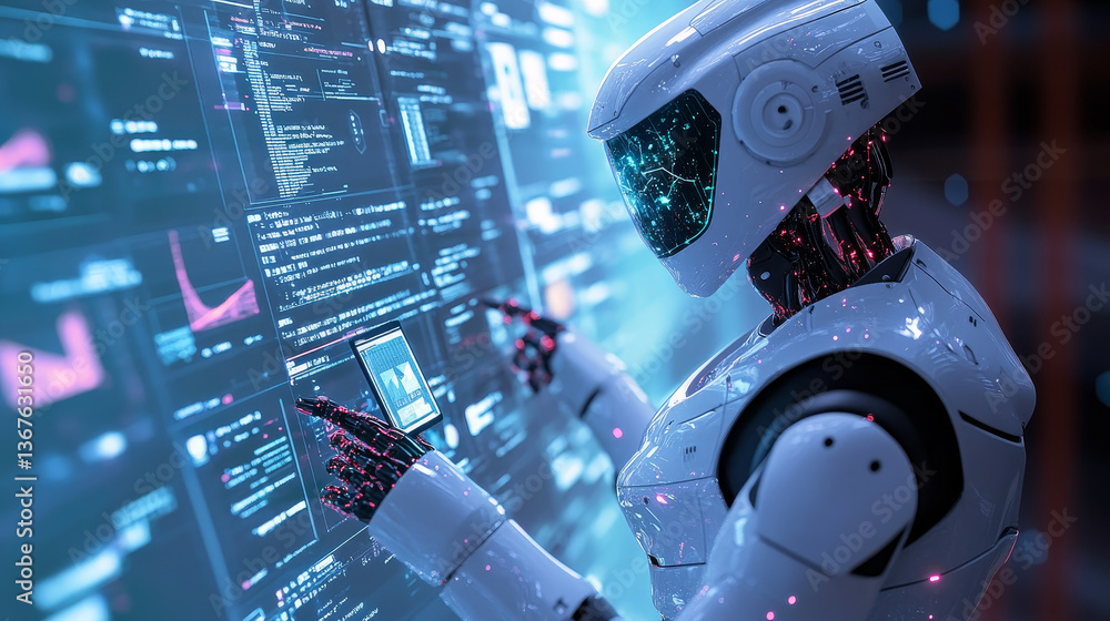 Poster isometric robots man with artificial intelligence working with a virtual interface in chatbot emails