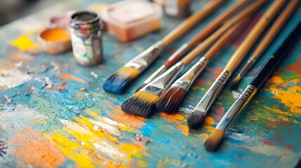 Fototapeta premium workspace with vibrant paints and brushes