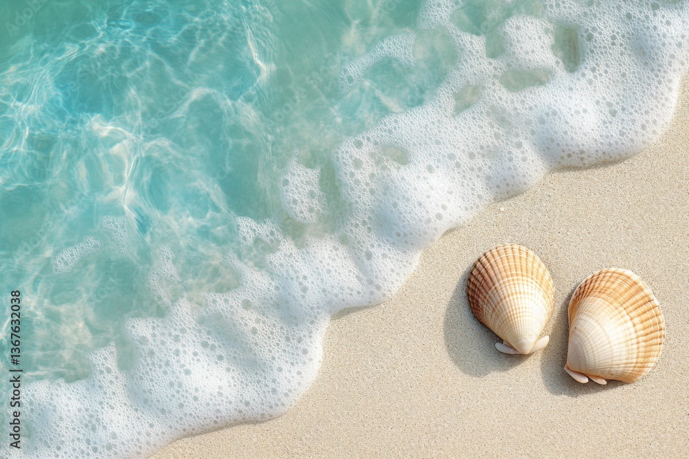Poster top view of two seashells on the beach with waves and sand, with copy space. summer vacation concept