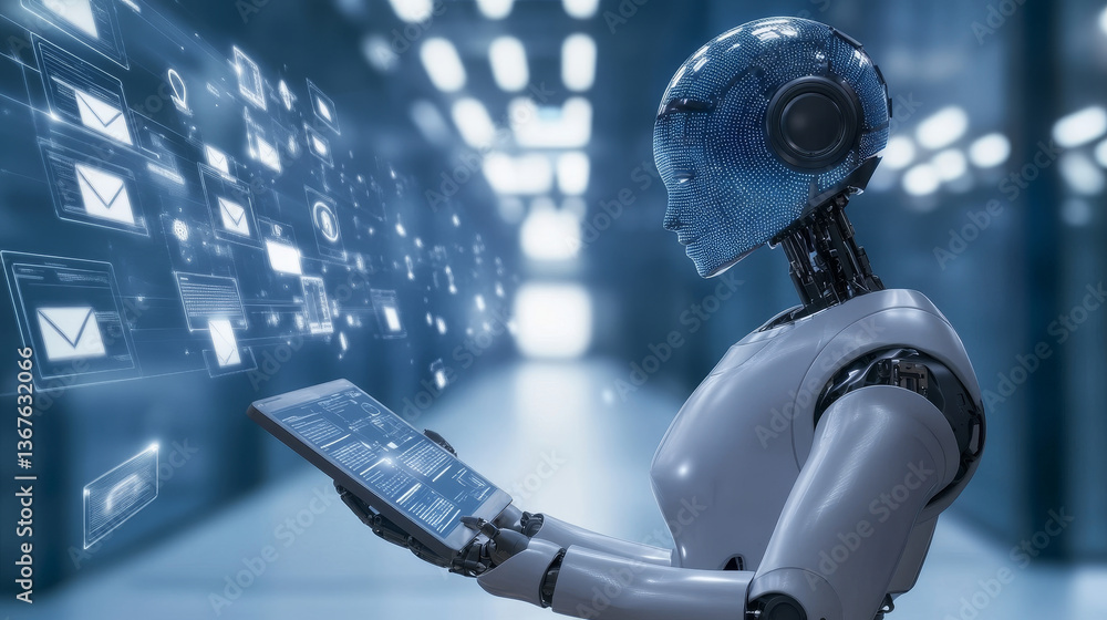 Poster isometric robots man with artificial intelligence working with a virtual interface in chatbot emails