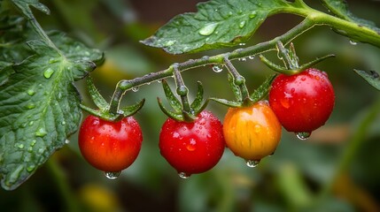 Juicy Red and Yellow Cherry Tomatoes on Vine, Rain Drops