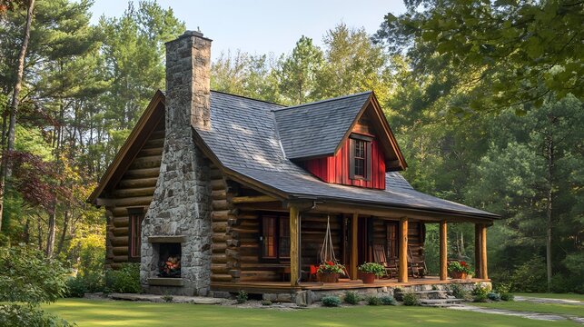 A rustic log cabin with a stone chimney and a cozy porch swing - Powered by Adobe