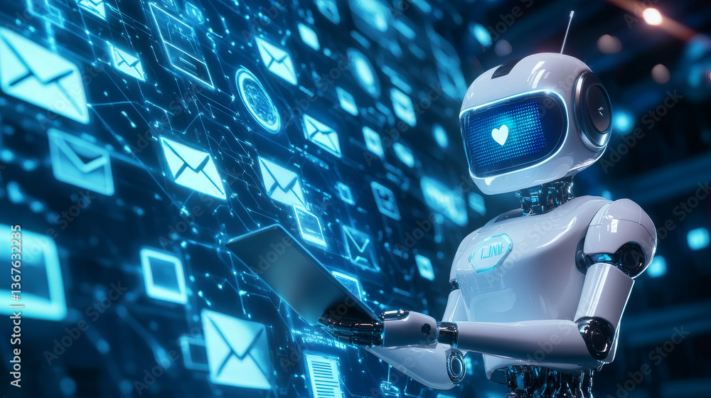 Fototapete isometric robots man with artificial intelligence working with a virtual interface in chatbot emails