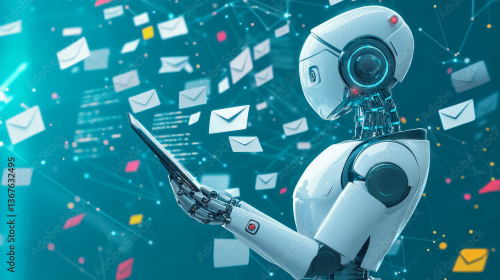 Poster isometric robots man with artificial intelligence working with a virtual interface in chat bot email