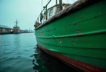 Obraz premium An old green fishing boat sits calmly in a harbor under a misty sky, showcasing maritime charm.