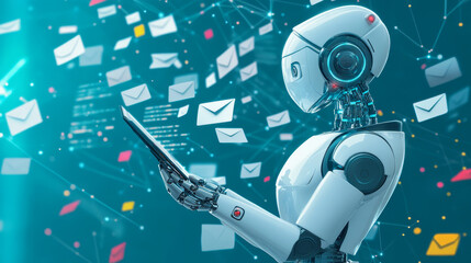 Isometric robots man with artificial intelligence working with a virtual interface in chat bot emails. Message online chat social text Illustration.