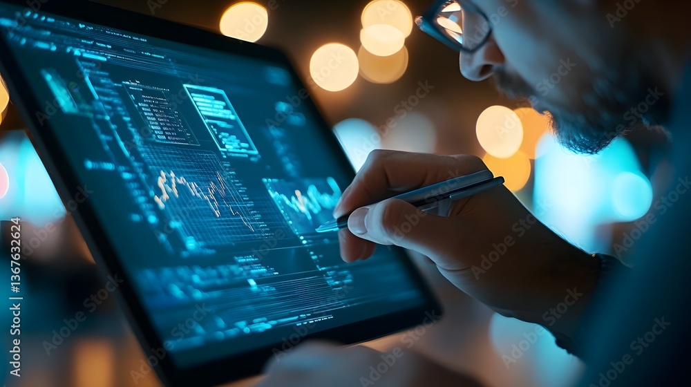 Poster digital designer working intently on a tablet in a creative studio