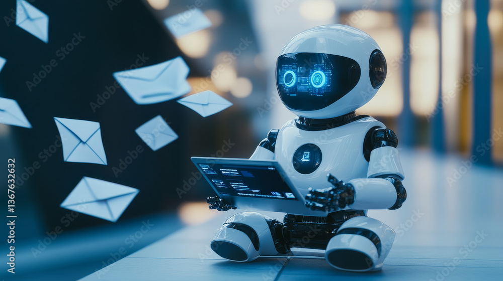 Poster isometric robots man with artificial intelligence working with a virtual interface in chat bot email