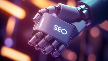 Futuristic AI SEO Strategy Robot Hand Optimizing Search Engine Results