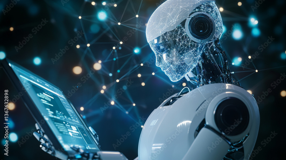Poster isometric robots man with artificial intelligence working with a virtual interface in chat bot email