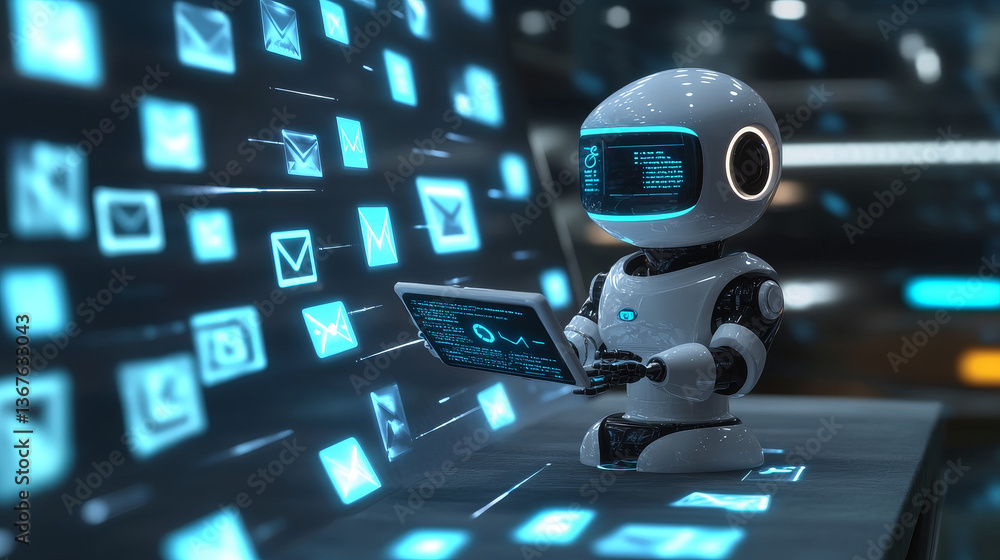 Poster isometric robots man with artificial intelligence working with a virtual interface in chatbot emails