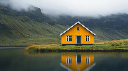 Fototapeta premium Bright yellow house by serene lake in Icelandic landscape