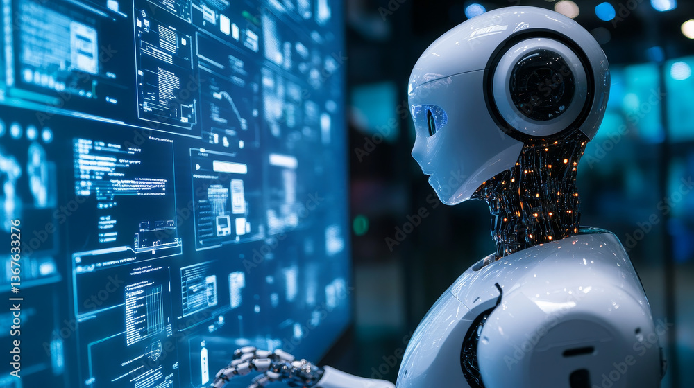Poster isometric robots man with artificial intelligence working with a virtual interface in chatbot emails