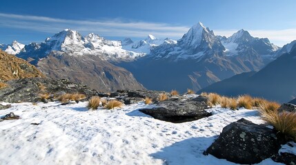 Snowy Mountain Range Landscape with Clear Blue Sky and Rocks