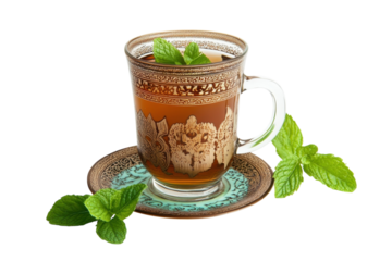 Warm mint tea served in an ornate cup with a delicate saucer on a bright background isolated on transparent background