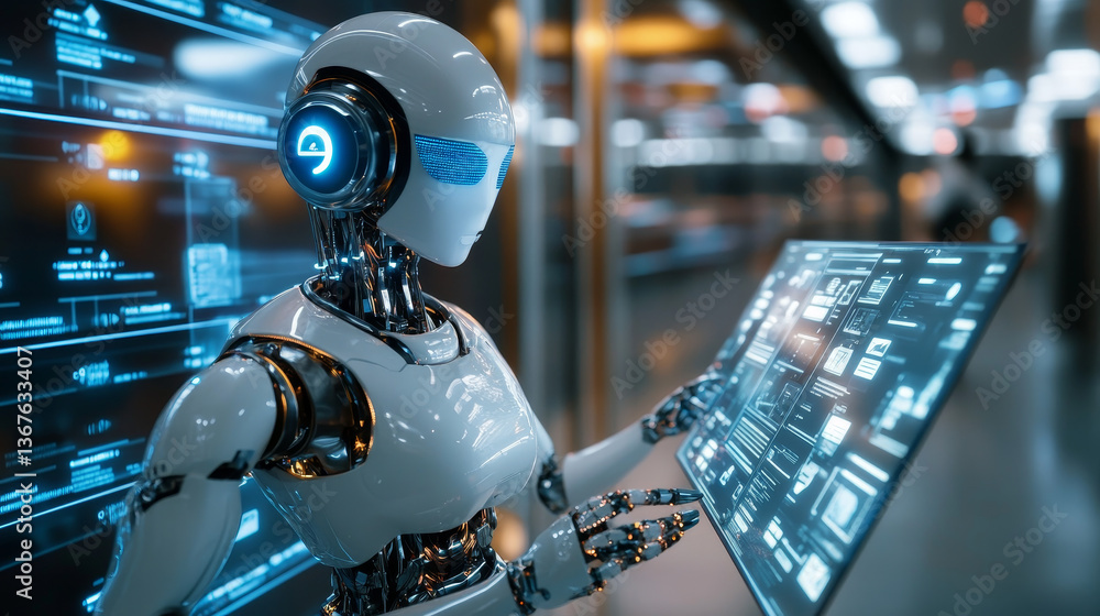 Poster isometric robots man with artificial intelligence working with a virtual interface in chatbot emails