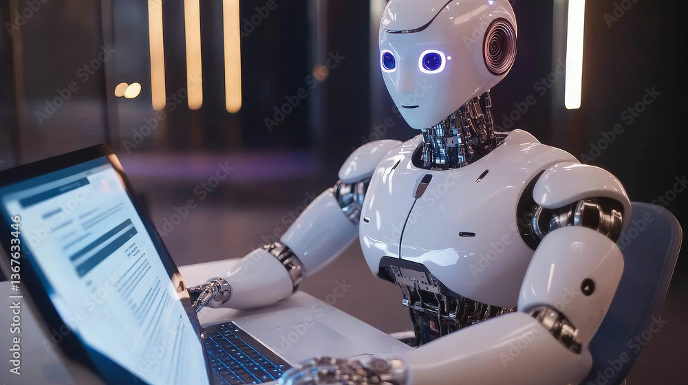 Poster isometric robots man with artificial intelligence working with a virtual interface in chatbot emails