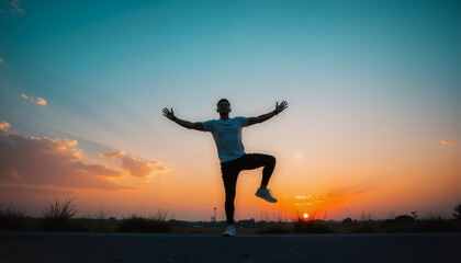 Fototapeta premium Man performing workout joyfully against sunset backdrop 