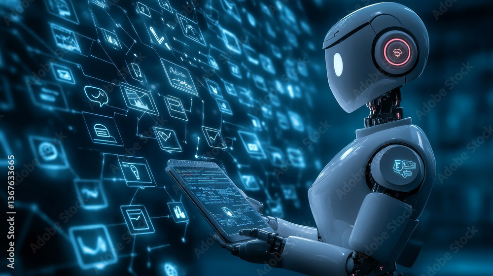 Poster isometric robots man with artificial intelligence working with a virtual interface in chatbot emails