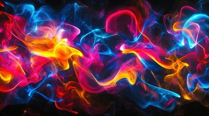 Fototapeta premium A vibrant collection of flowing, overlapping shapes in neon red, blue, and yellow, creating a sense of depth and dimension on black.
