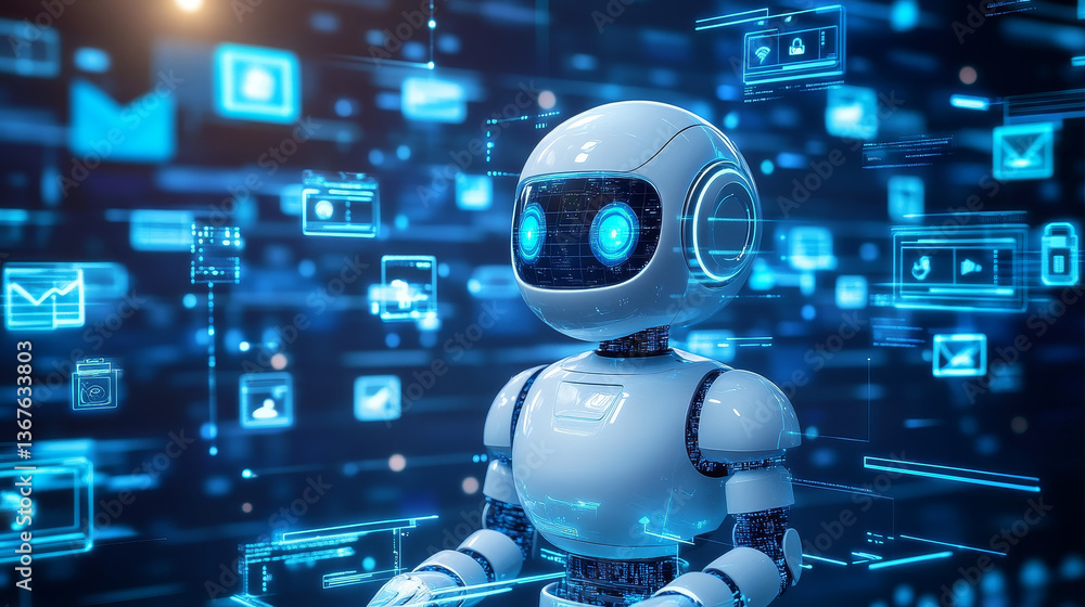 Poster isometric robots man with artificial intelligence working with a virtual interface in chatbot emails