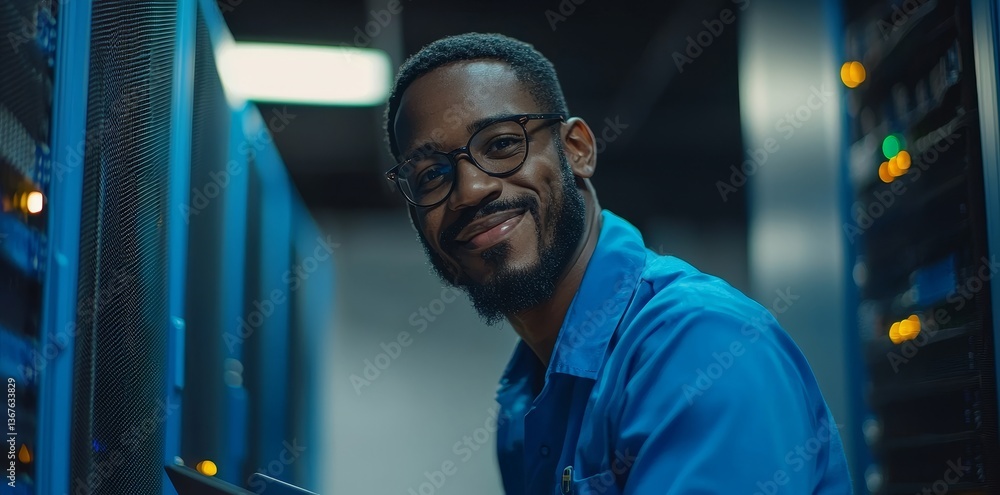 Poster a black man, along with laptops and a server room, are connected to the network for tasks such as da