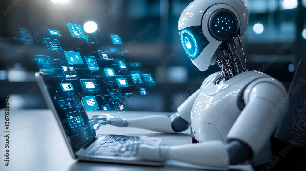 Poster isometric robots man with artificial intelligence working with a virtual interface in chatbot emails