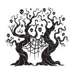  Halloween silhouette design featuring a woman dancing under a grunge tree, set in a spooky landscape with eerie black icons and symbols, creating a haunting festive atmosphere