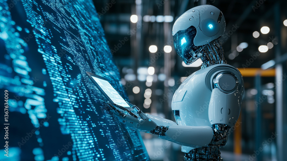 Poster isometric robots man with artificial intelligence working with a virtual interface in chatbot emails