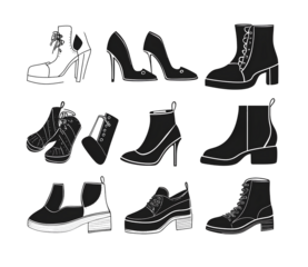  Shoe Clipart Set: Flat Lay, Simple Vector Art This set features a collection of simple vector art illustrations of various shoe styles in black and white on a transparent background png 