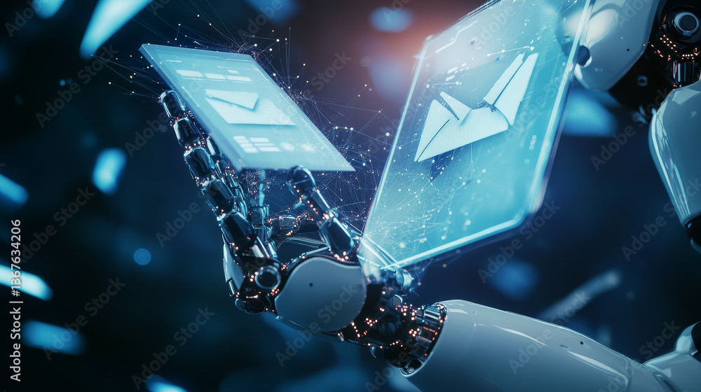 Poster isometric robots man with artificial intelligence working with a virtual interface in chatbot emails