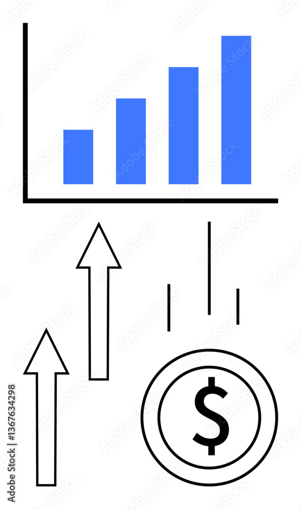 Poster bar graph with ascending values representing growth, coin with dollar sign, and upward arrows symbol