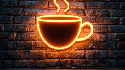 Neon coffee sign on brick wall glowing, perfect for cafe or restaurant vibe