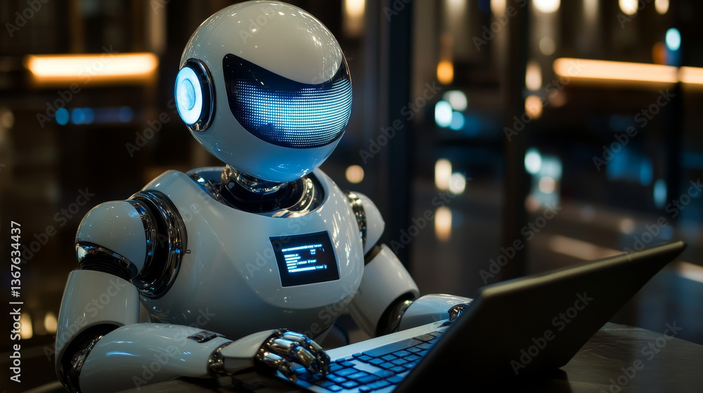 Poster isometric robots man with artificial intelligence working with a virtual interface in chatbot emails