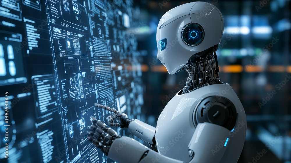 Poster isometric robots man with artificial intelligence working with a virtual interface in chatbot emails