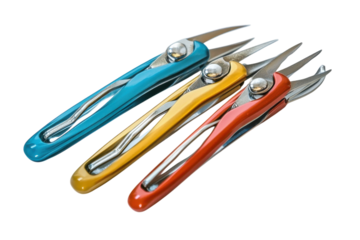 Colorful crafting scissors lined up on a table, ready for creative projects and artistry isolated on transparent background