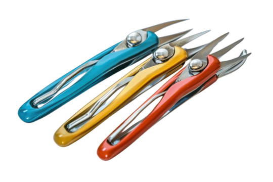 Colorful crafting scissors lined up on a table, ready for creative projects and artistry isolated on transparent background